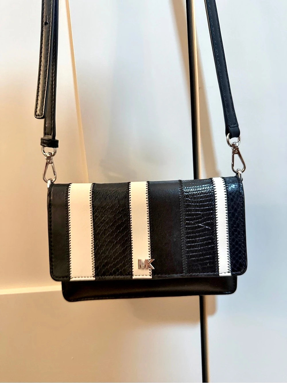 Michael Kors Striped Crossbody Wallet in Black & White
